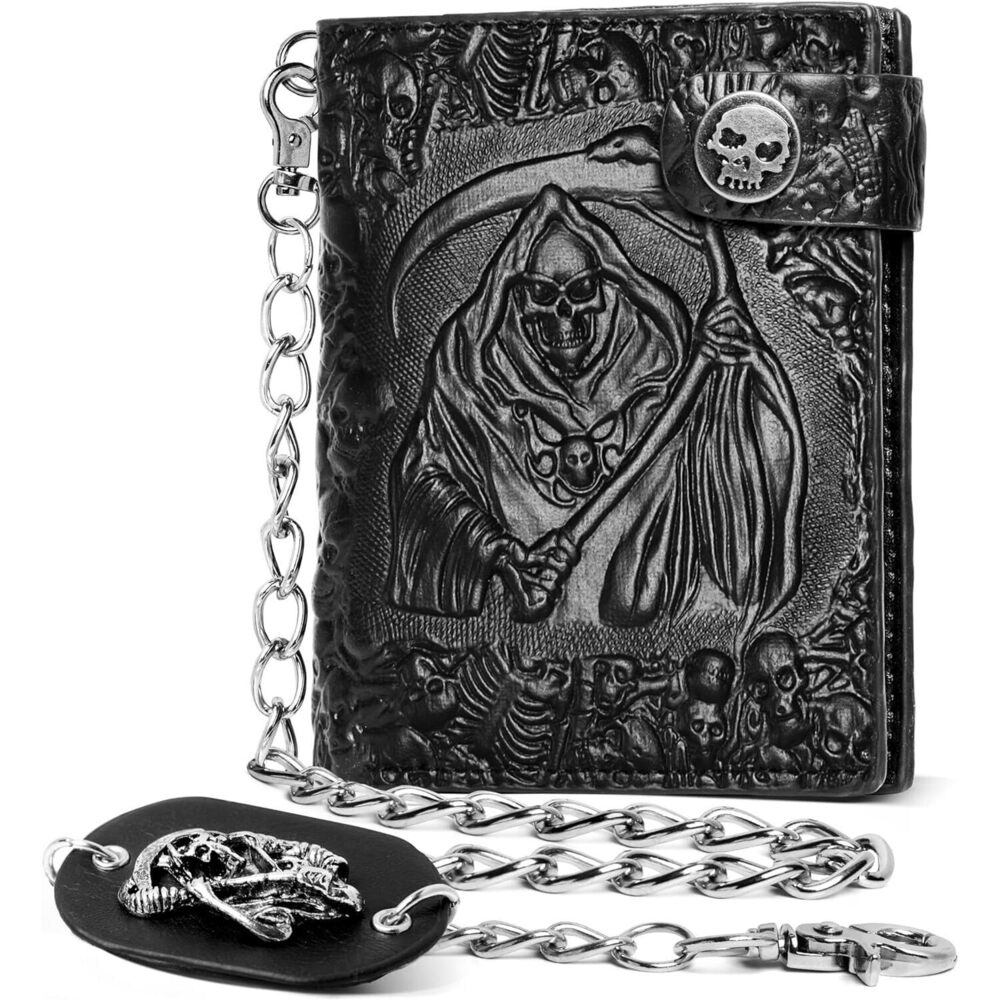 8055 Skull Gothic Chain Wallet Leather - Punk Bifold Halloween Goth
